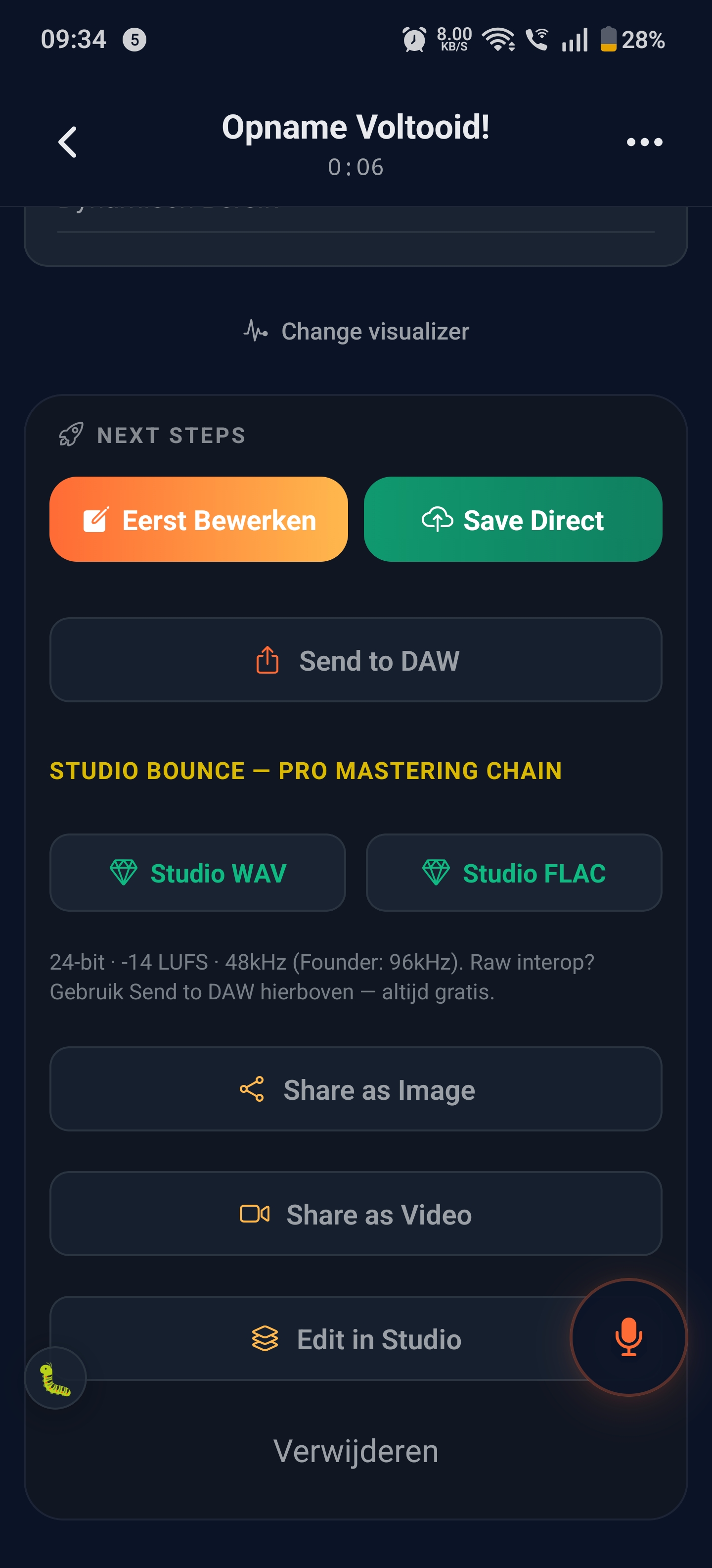 Export options: studio bounce to WAV and FLAC, send to DAW, share as image or video.