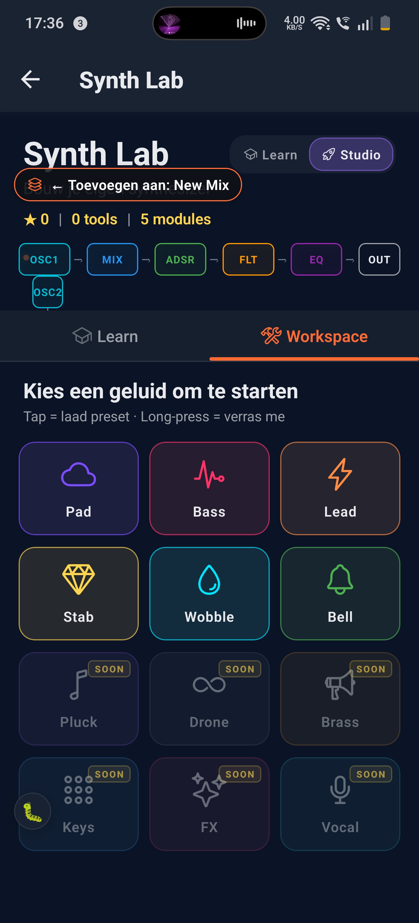 Synth Lab-presets: Pad, Bass, Lead, Stab, Wobble, Bell beschikbaar, plus Pluck, Drone, Brass, Keys, FX, Vocal binnenkort.