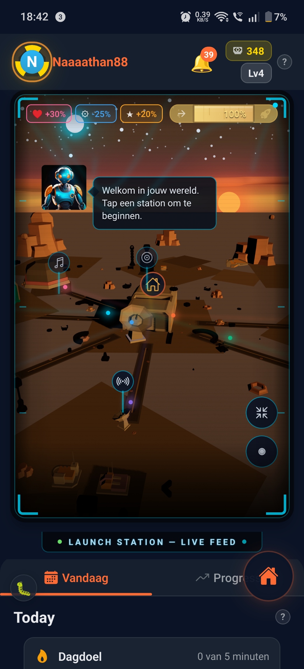 Launch Station with AL companion welcoming a first-time user and pointing to the first mission.