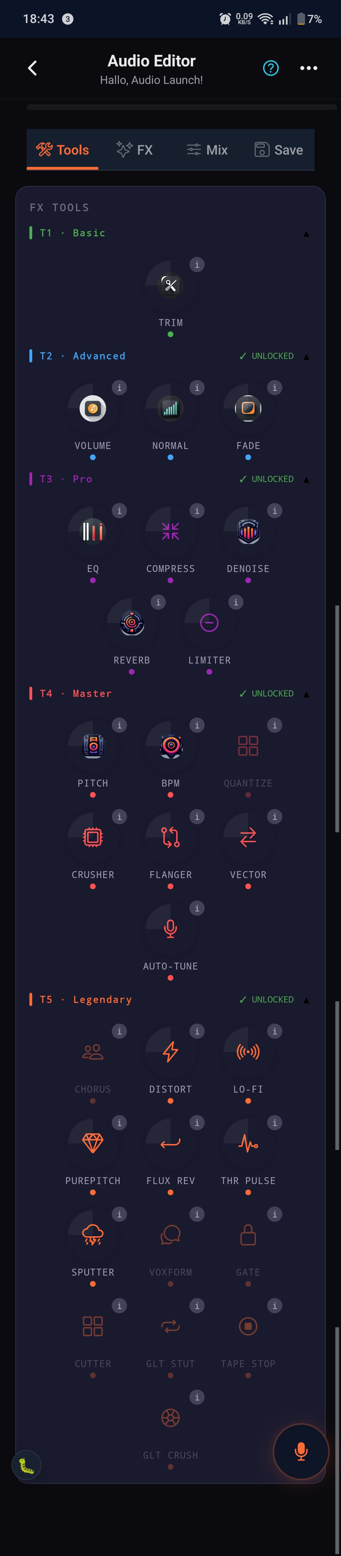 FX Tools-bibliotheek geordend in 5 niveaus: T1 Basic, T2 Advanced, T3 Pro, T4 Master, T5 Legendary — elk ontgrendeld — met in totaal 30-plus effecten waaronder EQ, Compress, Denoise, Reverb, Limiter, Crusher, Flanger, Auto-Tune, Distort, Lo-Fi en meer.