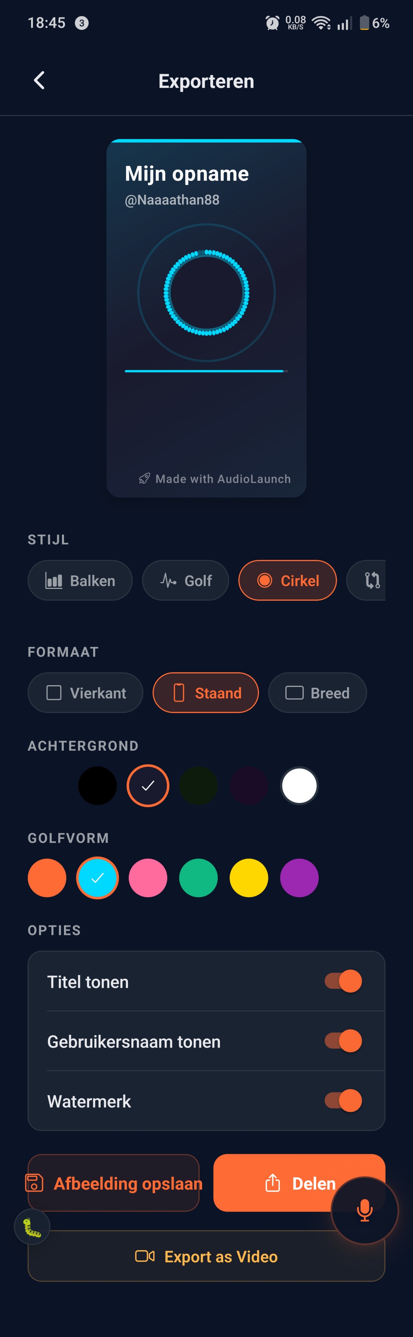Delen op social: cirkelvisualizer met gebruikersnaam @Naaaathan88, watermerk Made with AudioLaunch, stijlopties Balken/Golf/Cirkel, formaten Vierkant/Staand/Breed, kleurkiezers voor achtergrond en golfvorm, toggles voor titel/gebruikersnaam/watermerk, CTA's Afbeelding opslaan en Delen plus Export as Video.