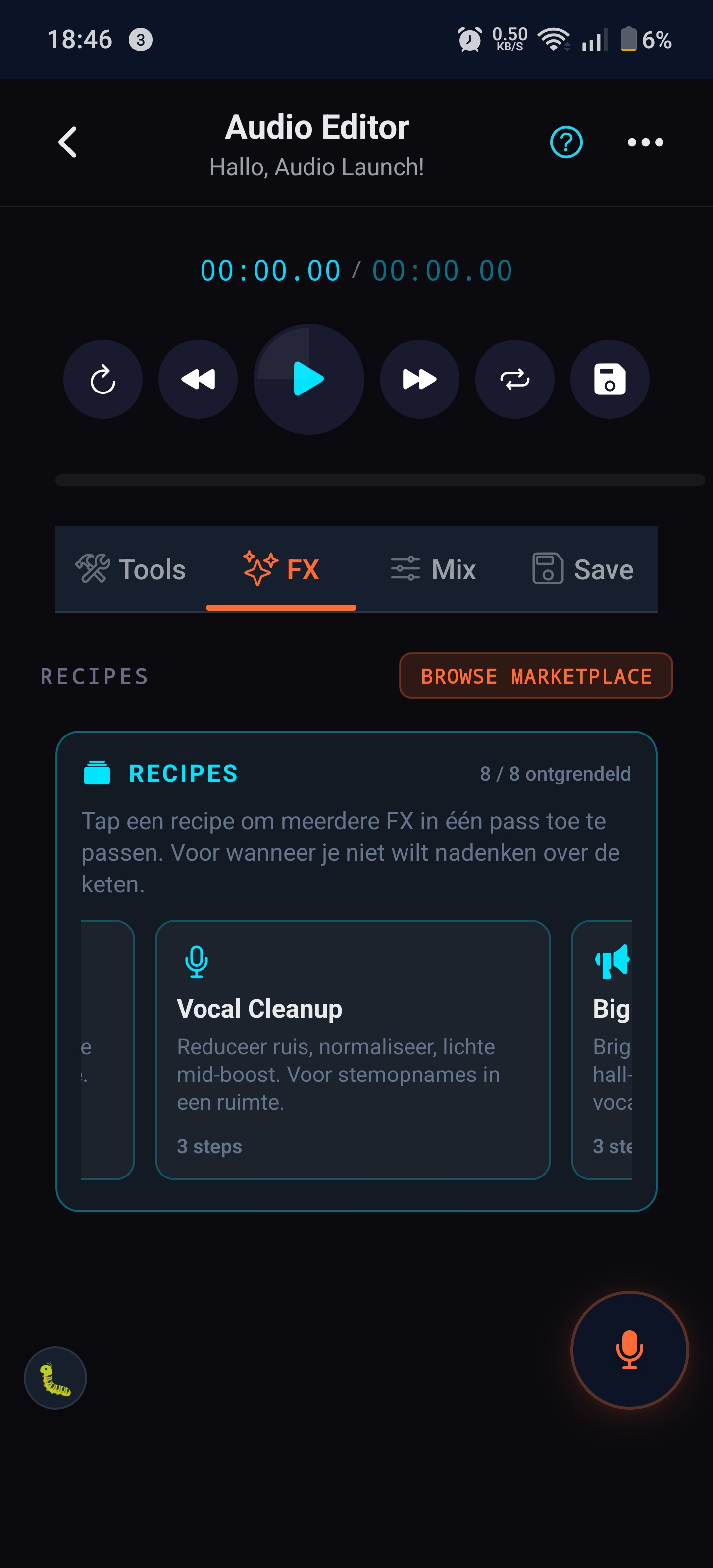 Audio Editor FX-tab: Recipes-paneel met 8 van 8 ontgrendelde recepten waaronder Vocal Cleanup (ruis verminderen, normaliseren, mid-boost) en Big Room reverb, plus bovenaan een knop BROWSE MARKETPLACE.
