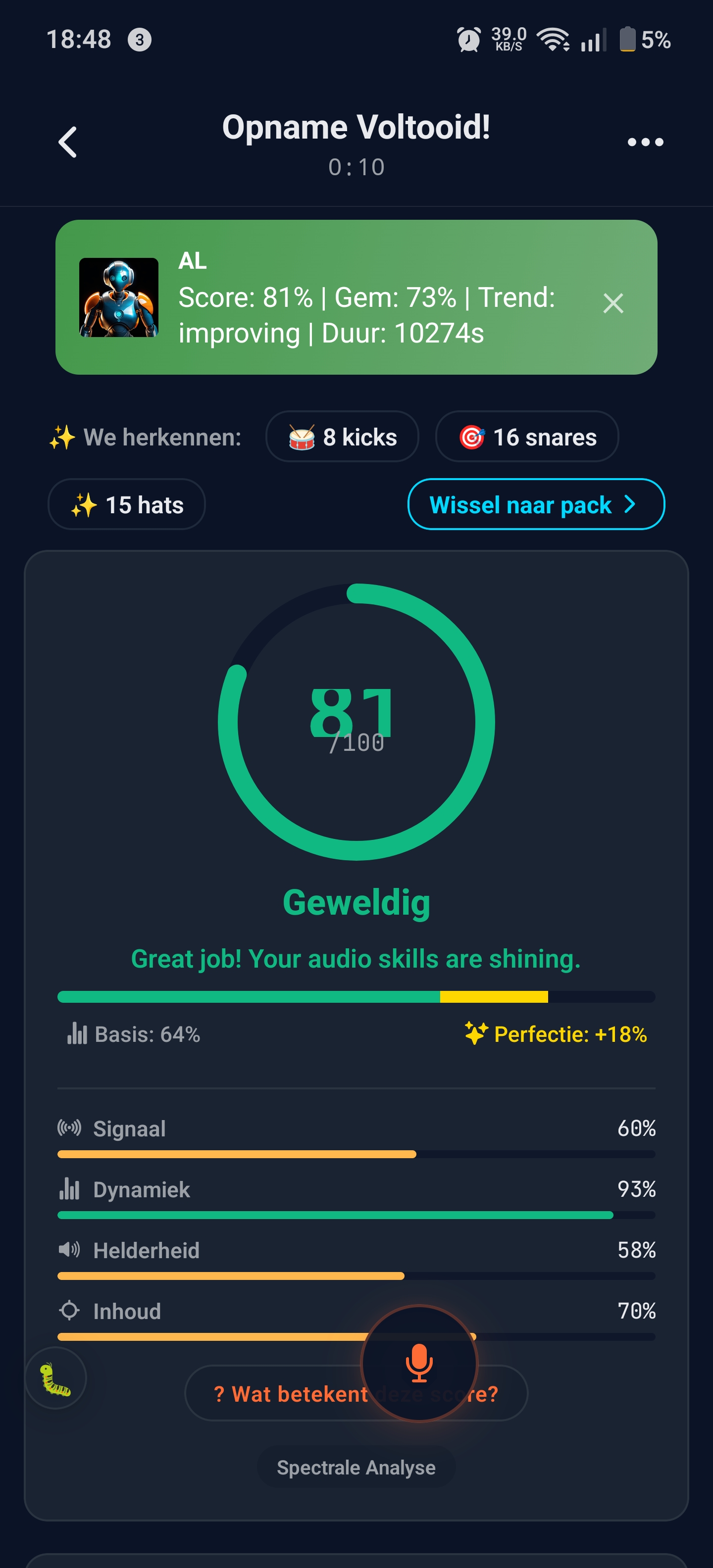 Audio Judge scoring a take 81 out of 100 with a detailed breakdown.