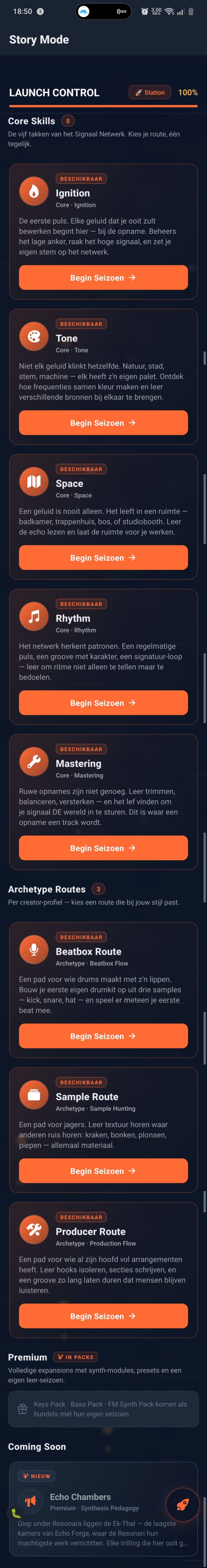 Story Mode-overzicht: Launch Control 100%, 5 Core Skills (Ignition, Tone, Space, Rhythm, Mastering), 3 Archetype Routes (Beatbox, Sample, Producer), Premium-uitbreidingen (Keys Pack, Bass Pack, FM Synth Pack), Coming Soon Echo Chambers premium synthese-didactiek.