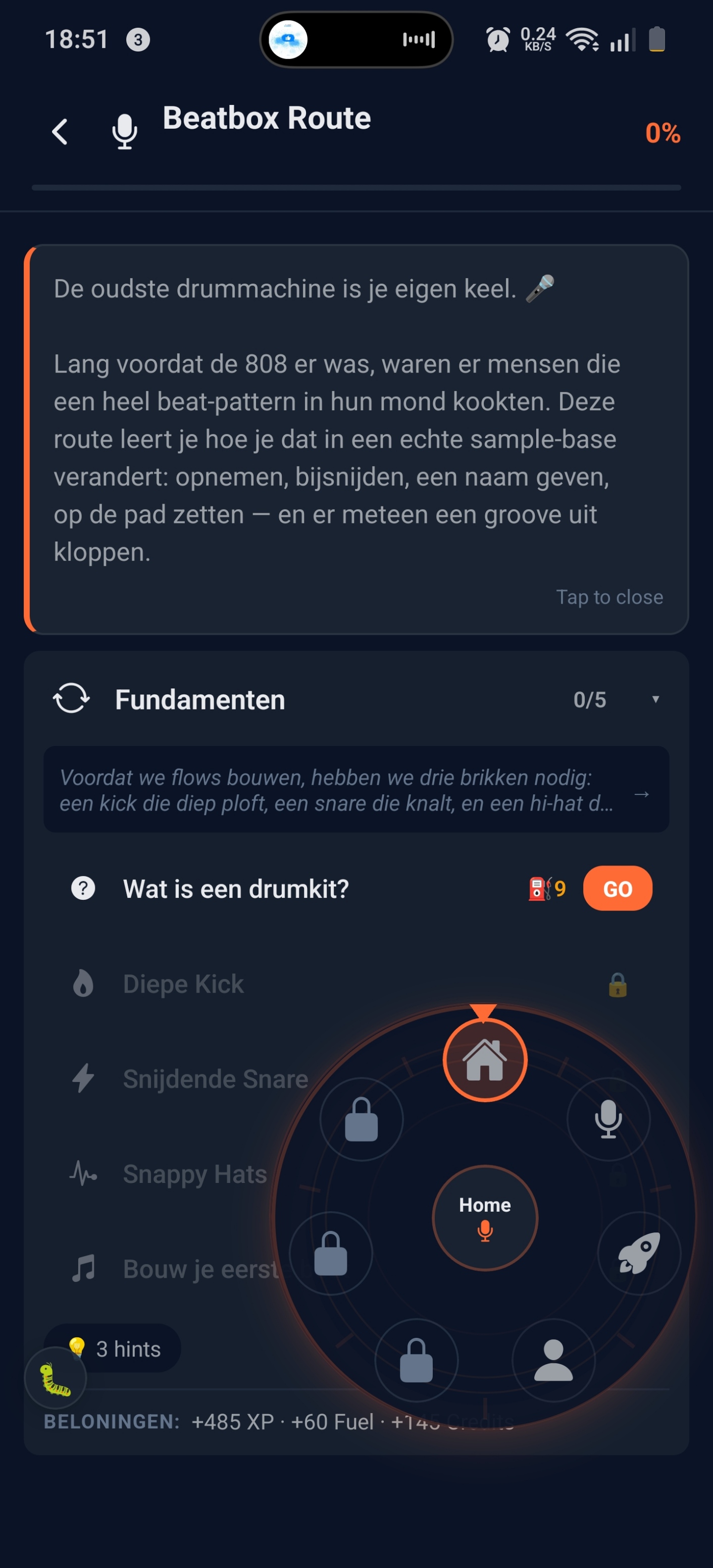 Beatbox Route-missie met introtekst over beat-patronen en drumkits; 5-staps Fundamenten-progressie; radiaal skill-menu met Home in het midden en 6 satellieten voor Studio, Resonara, Lab, Profile en twee vergrendelde nodes.
