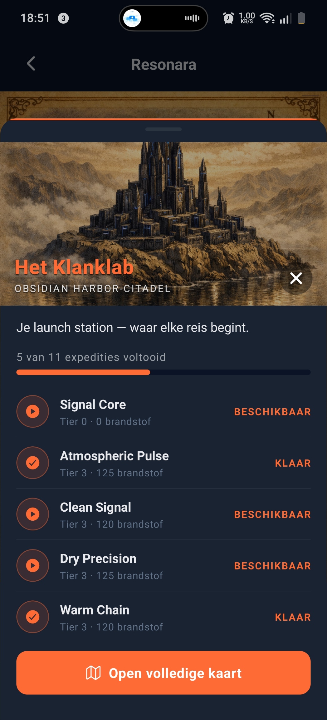 Het Klanklab, Obsidian Harbor-Citadel: illustratie van een fantasycitadel, 5 van 11 expedities voltooid, expeditielijst Signal Core / Atmospheric Pulse / Clean Signal / Dry Precision / Warm Chain met niveaus en brandstofkosten.